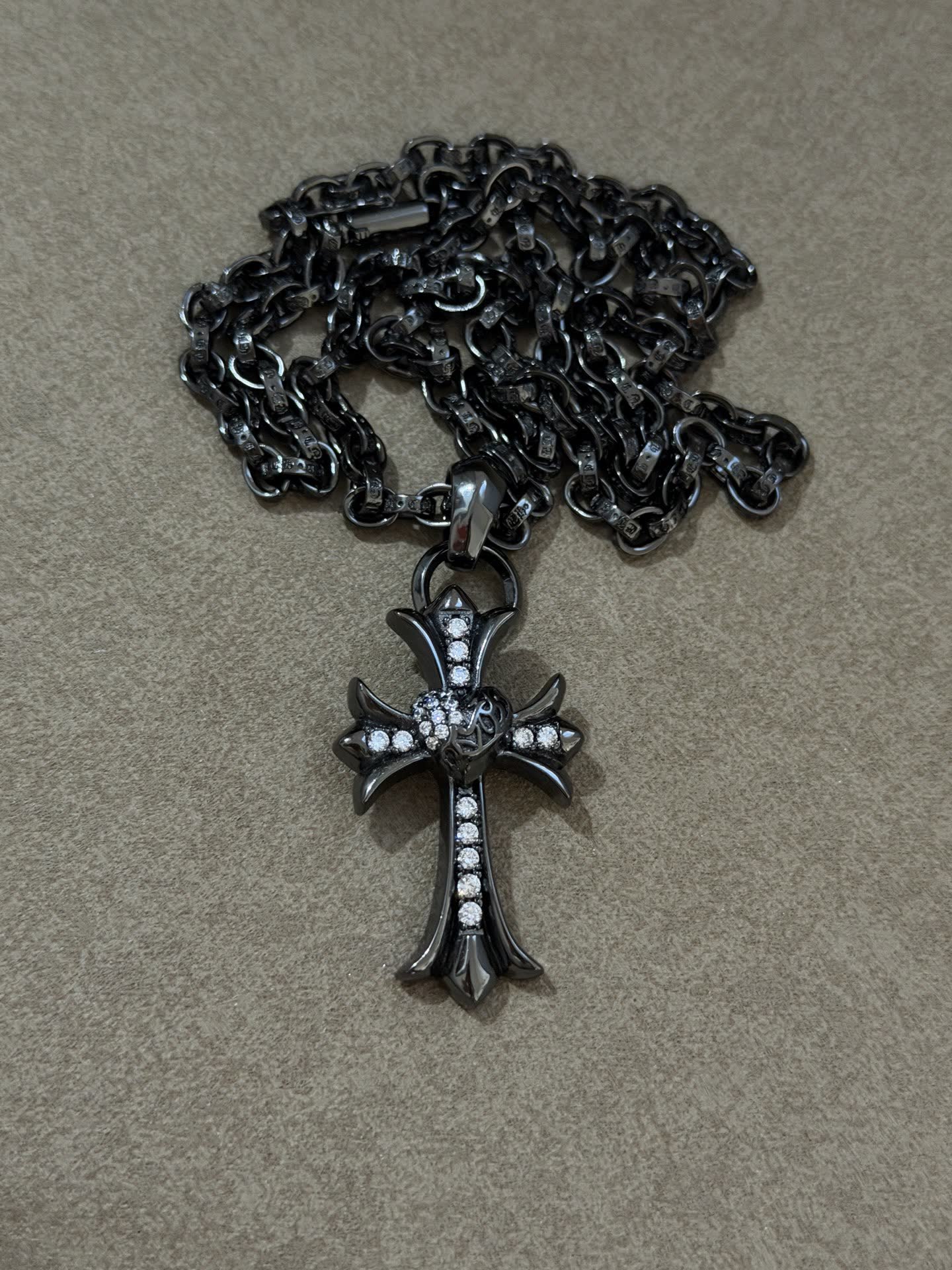 Chrome Hearts Black Rhinestone Cross Pendant Necklace